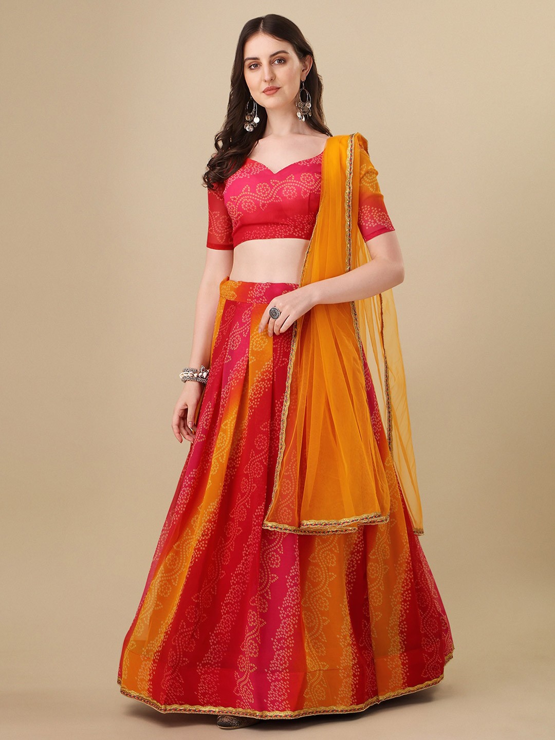 

Bhavyam Printed Satin Semi-Stitched Lehenga & Unstitched Blouse With Dupatta, Red