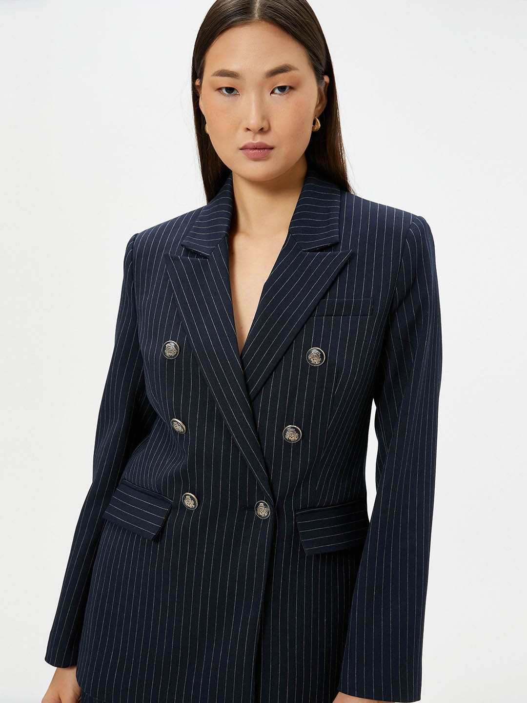 

Koton Striped Notched Lapel Collar Double-Breasted Blazer, Navy blue