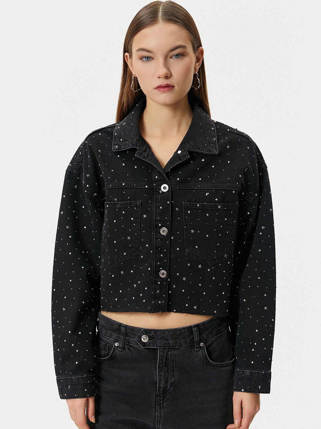 

Koton Geometric Printed Pure Cotton Denim Jacket, Black