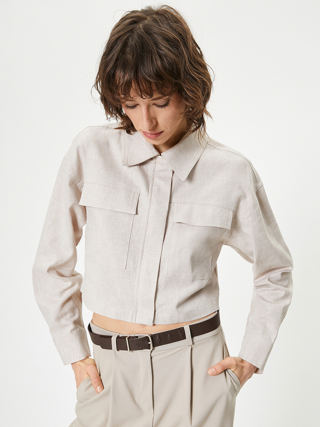 

Koton Spread Collar Linen & Cotton Casual Shirt, Beige