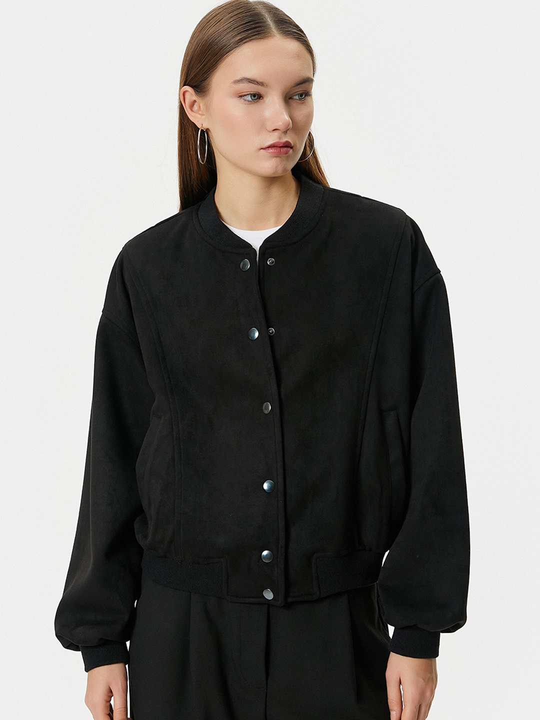 

Koton Collarless Crop Bomber Jacket, Black