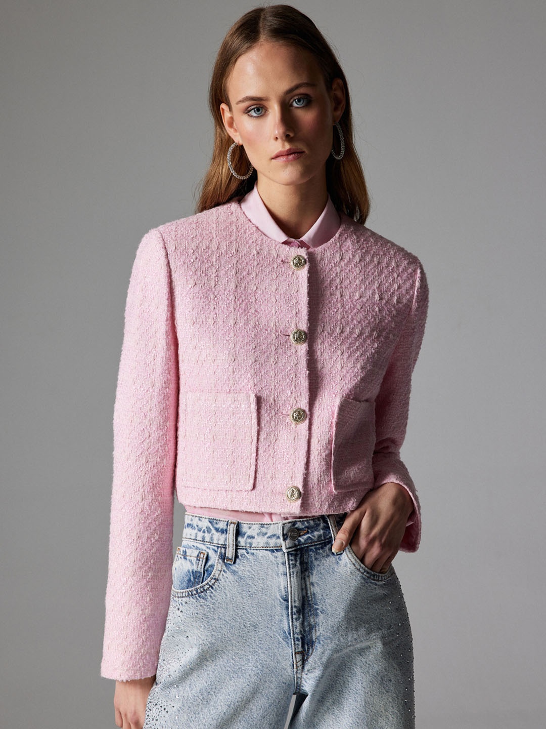 

Koton Self Design Crop Tailored Jacket, Pink
