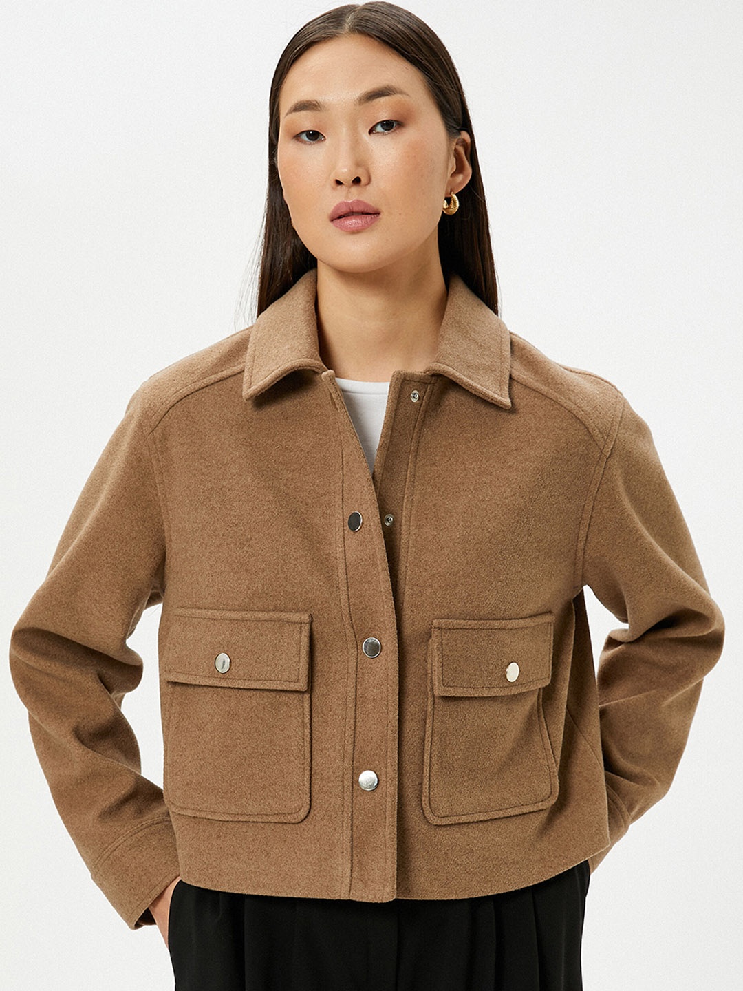 

Koton Spread Collar Crop Bomber Jacket, Beige