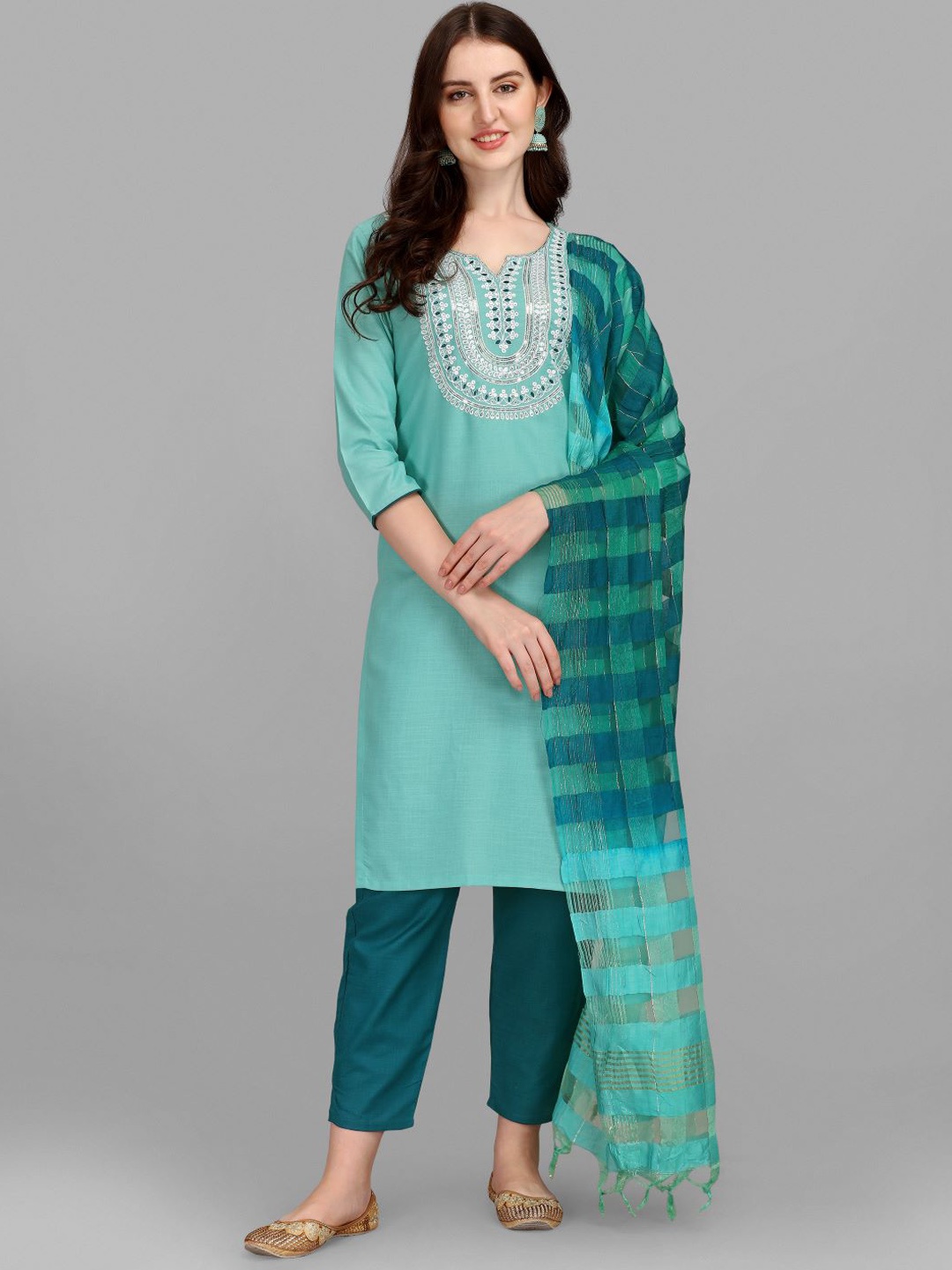 

GUFRINA Ethnic Motifs Yoke Design Thread Work Straight Kurta & Trousers With Dupatta, Sea green