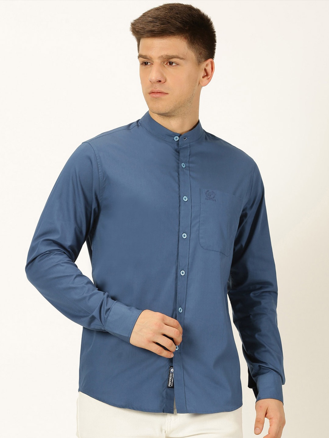 

Provogue Classic Slim Fit Mandarin Collar Pure Cotton Casual Shirt, Blue
