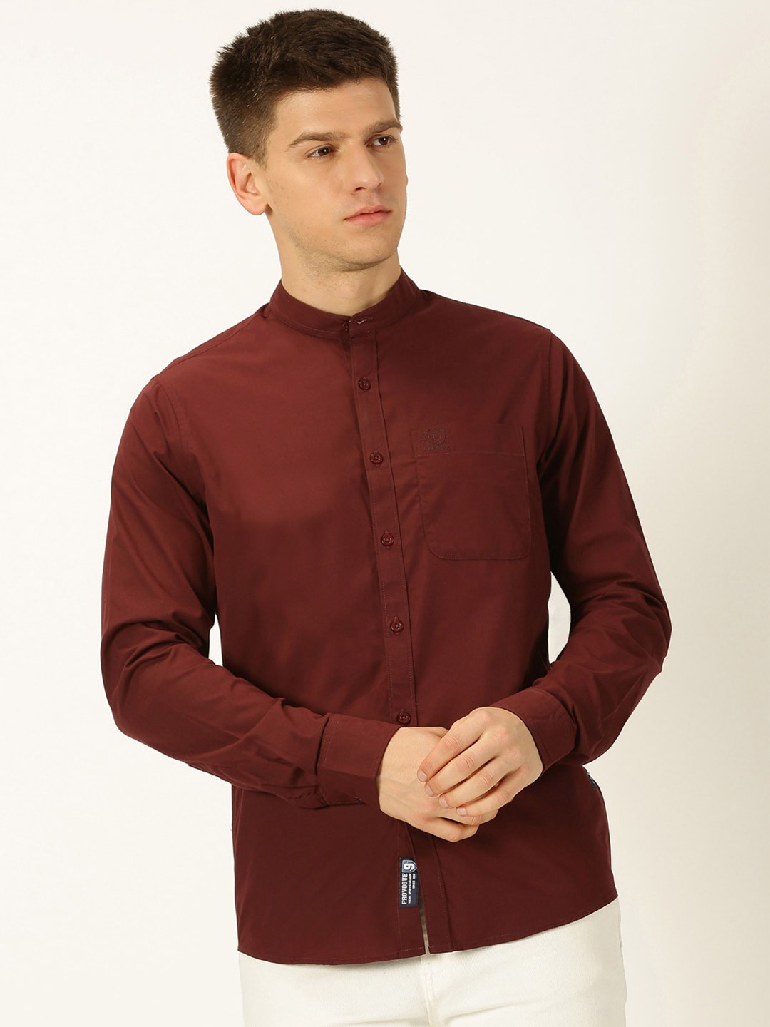 

Provogue Classic Slim Fit Mandarin Collar Pure Cotton Casual Shirt, Maroon