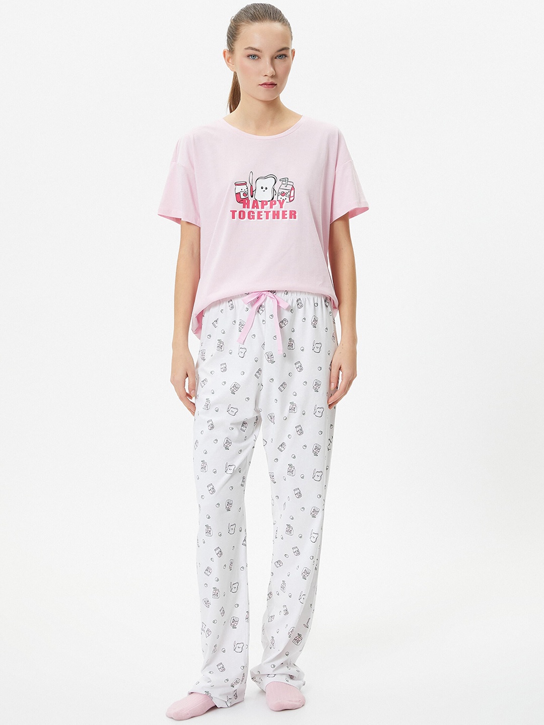 

Koton Printed Pure Cotton T-shirt With Pyjamas, Pink