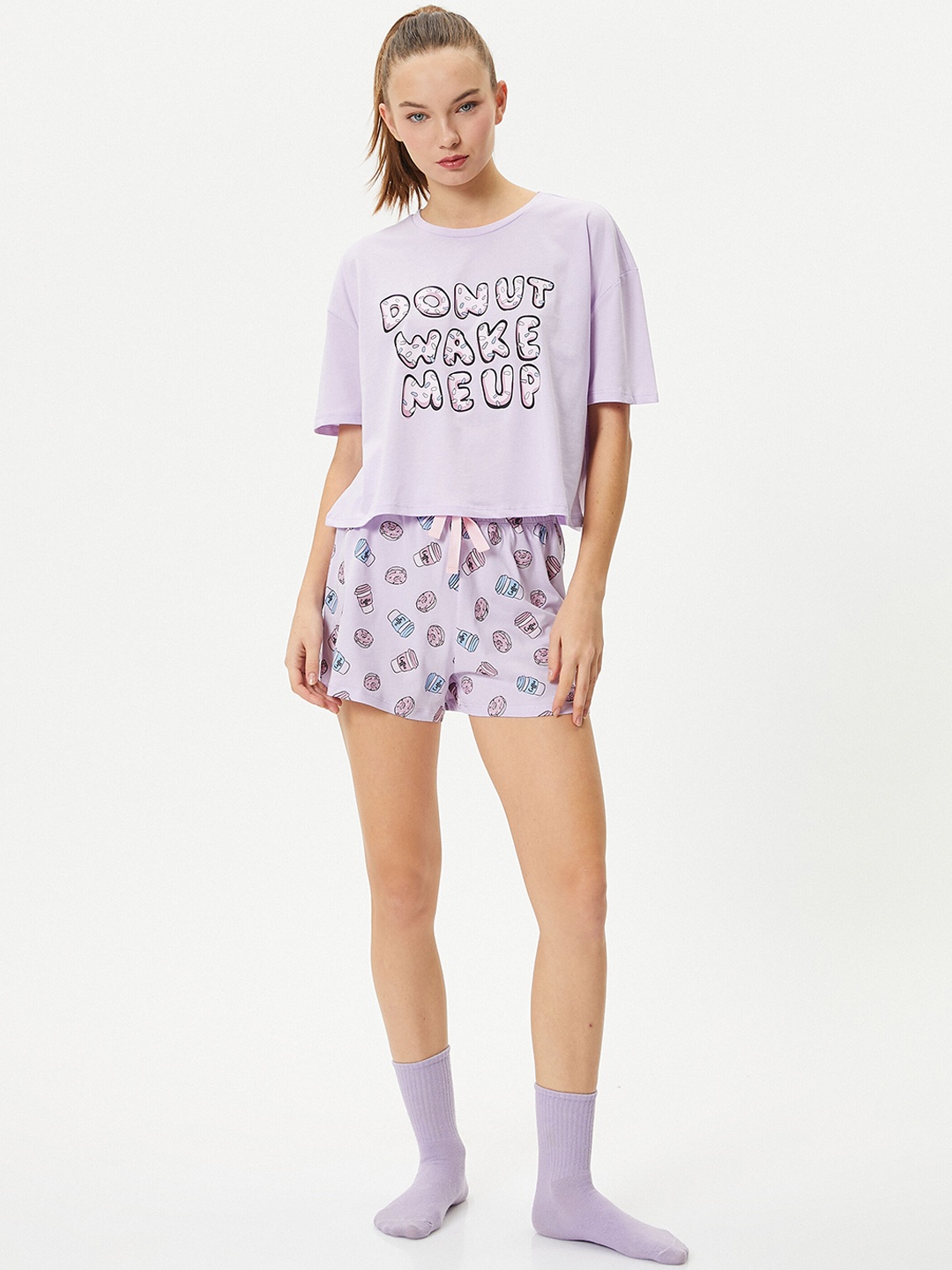 

Koton Typography Printed Pure Cotton Night suit, Purple