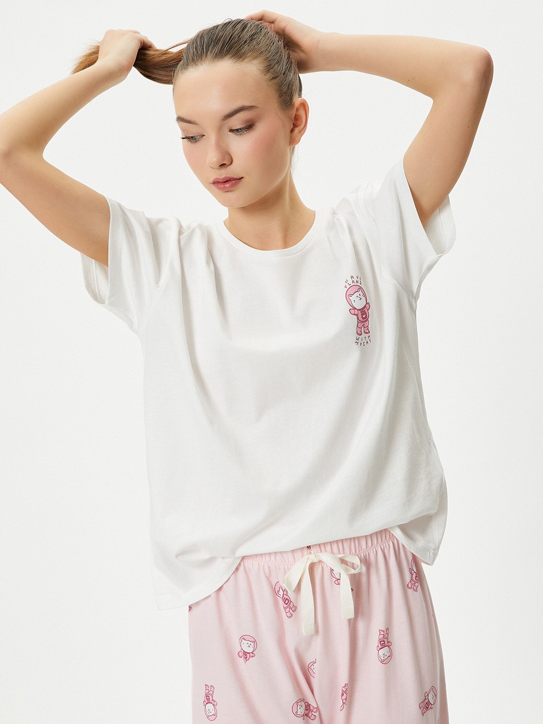 

Koton Printed Pure Cotton T-shirt With Pyjamas, Pink