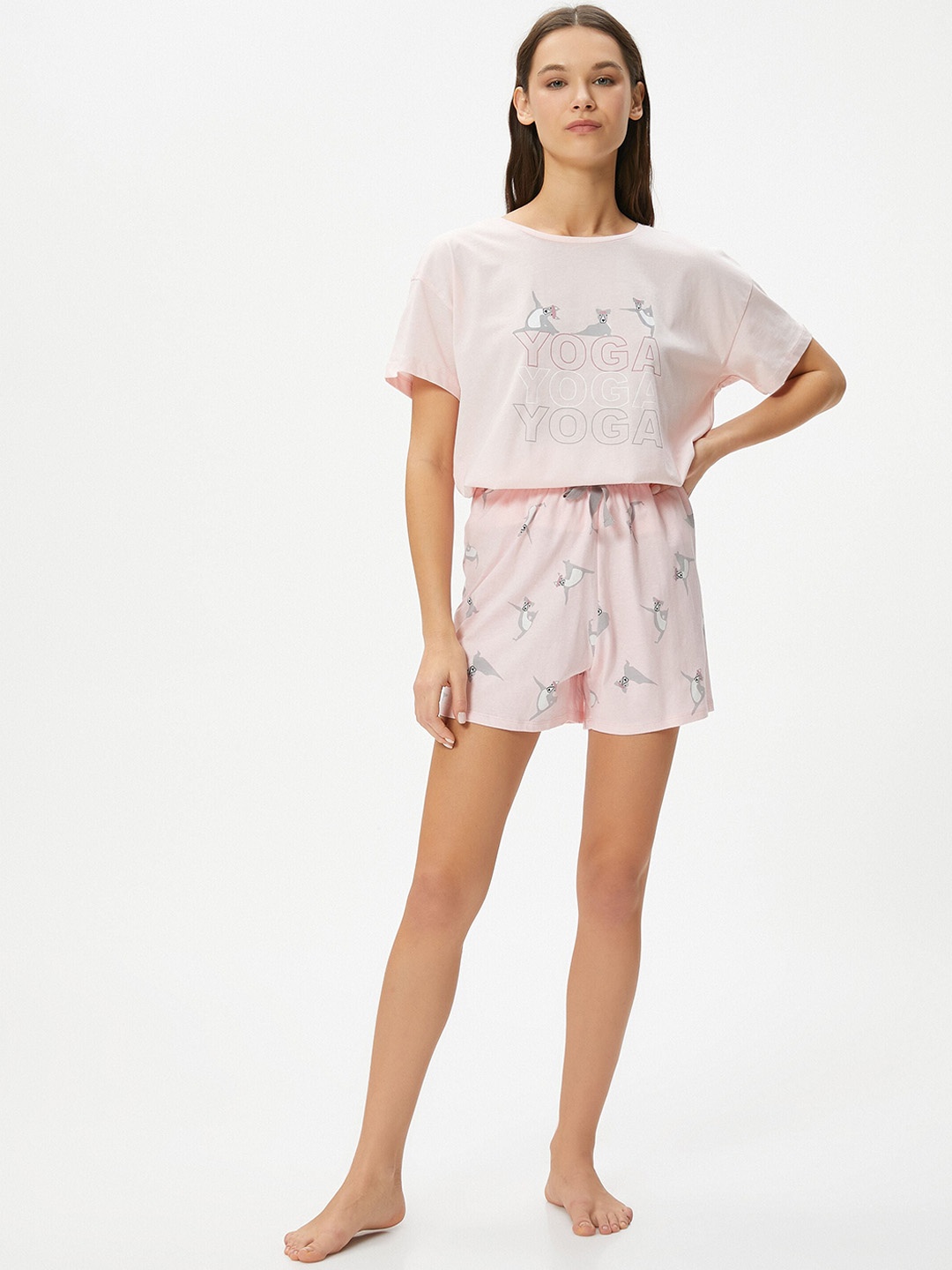 

Koton Graphic Printed Pure Cotton Night suit, Pink