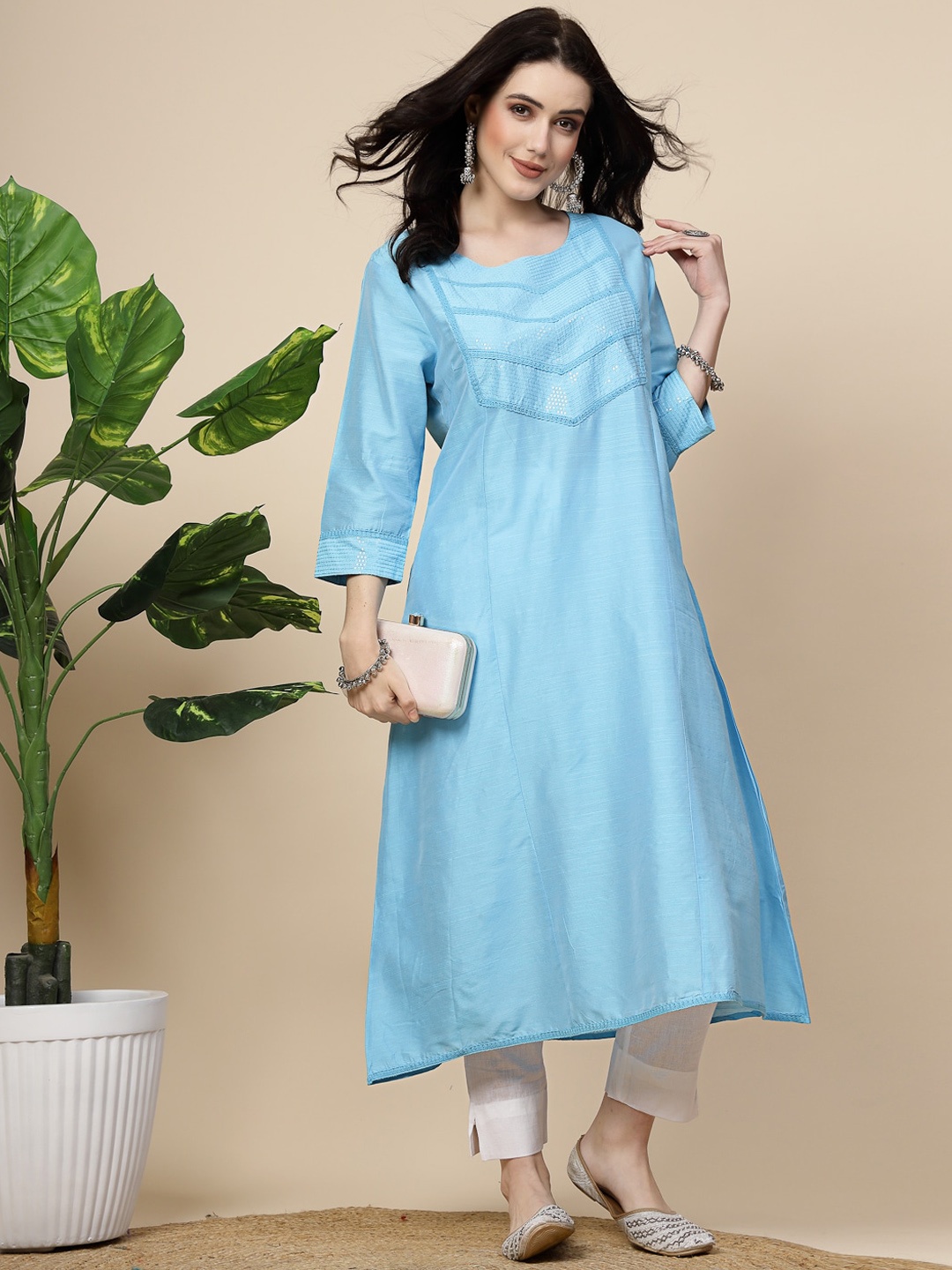 

Sangria Turquoise Blue Embroidered Sequinned A-Line Kurta