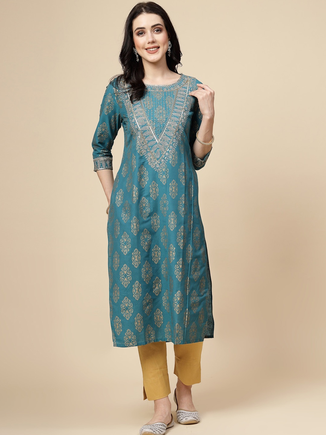

Sangria Ethnic Motifs Printed Sequinned Straight Kurta, Teal