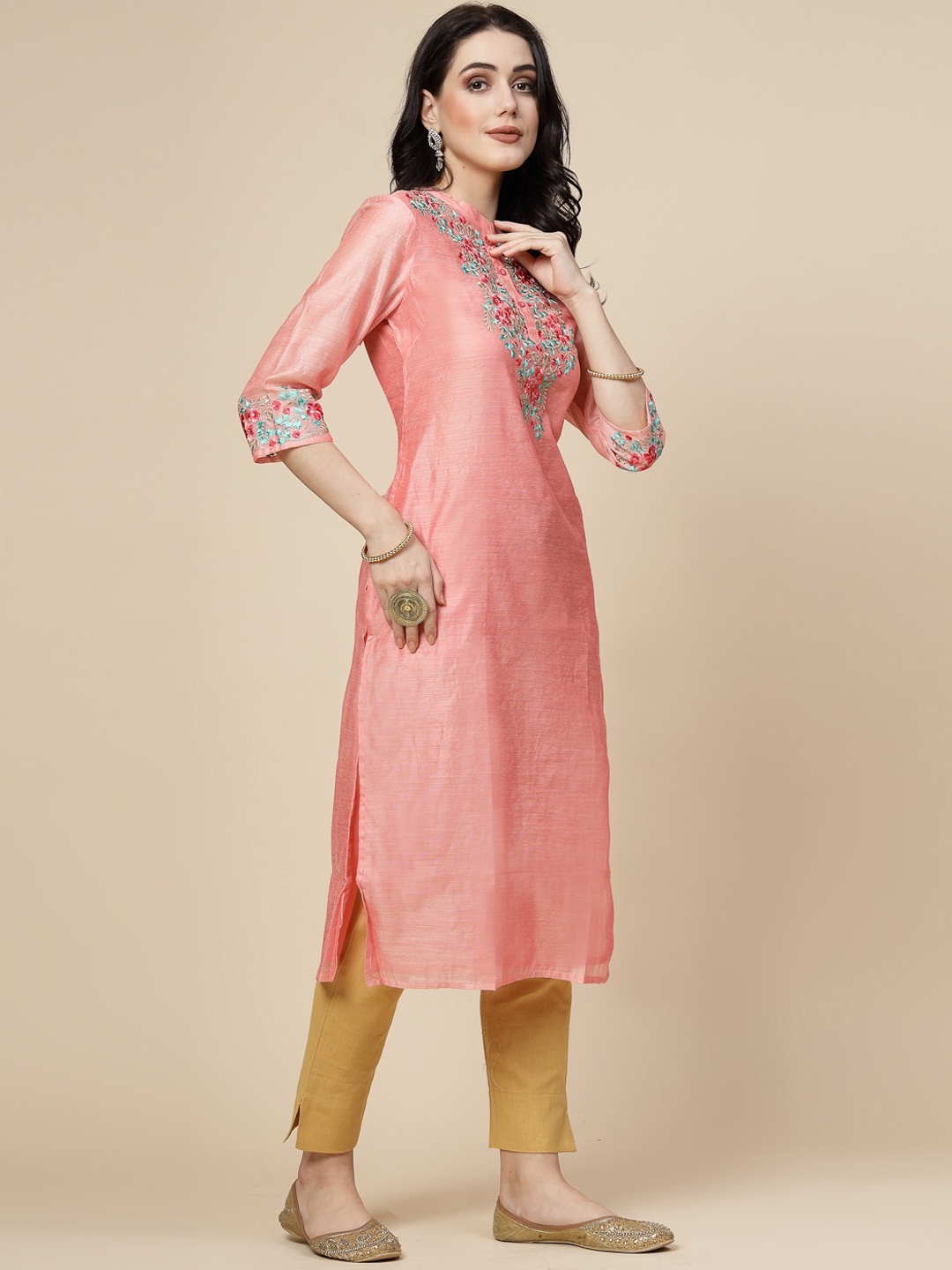 

Sangria Peach-Coloured Floral Embroidered Chanderi Silk Straight Kurta