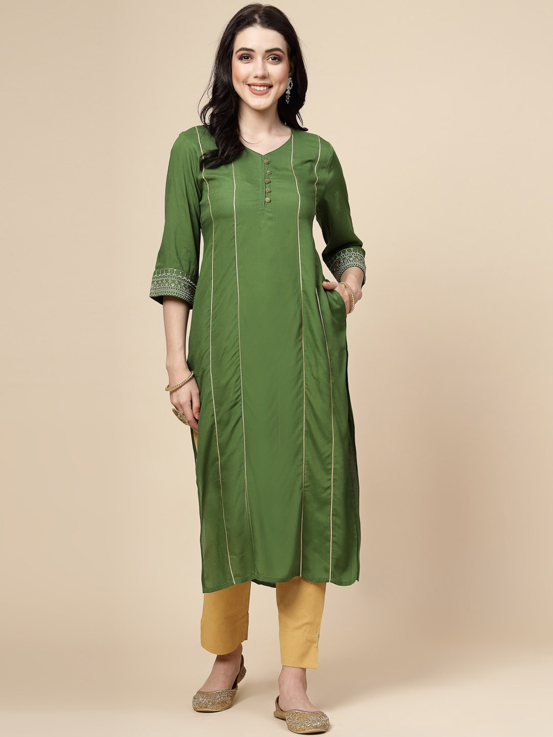 

Sangria Green Striped Straight Kurta