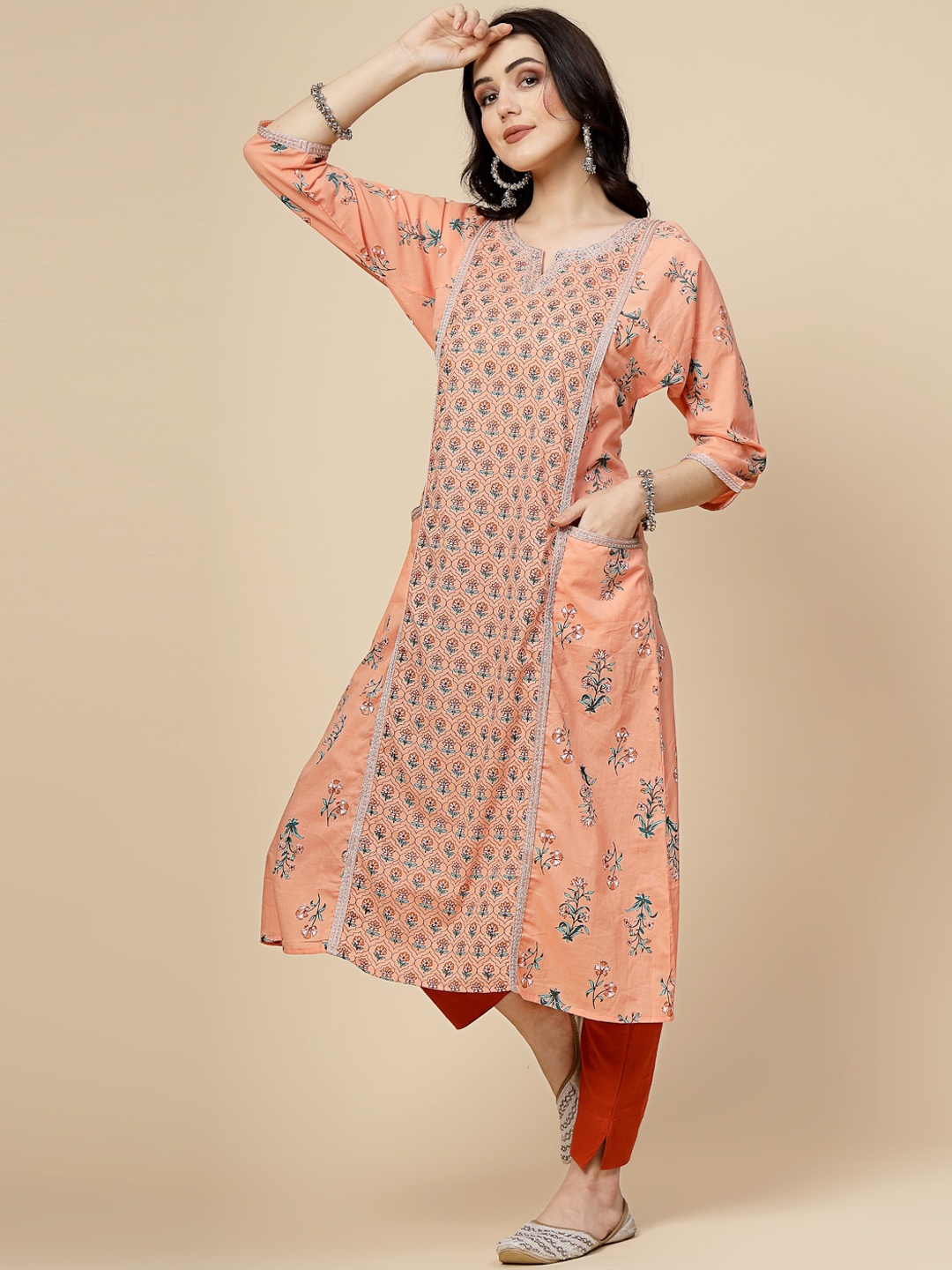 

Sangria Orange Floral Printed Straight Cotton Kurta