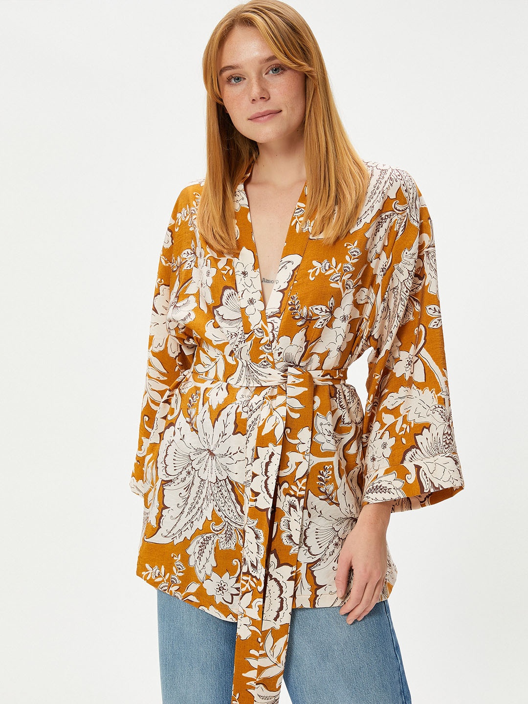 

Koton Floral Printed Longline Open Front Jacket, Yellow