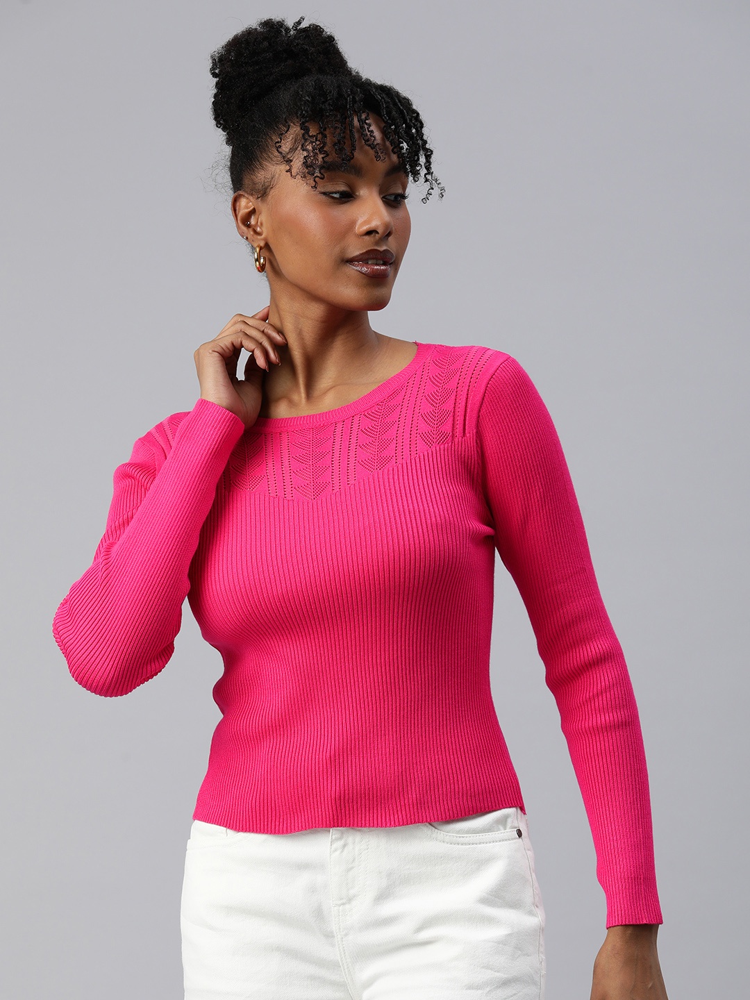 

London Rag Geometric Self Design Boat Neck Pullover, Fuchsia