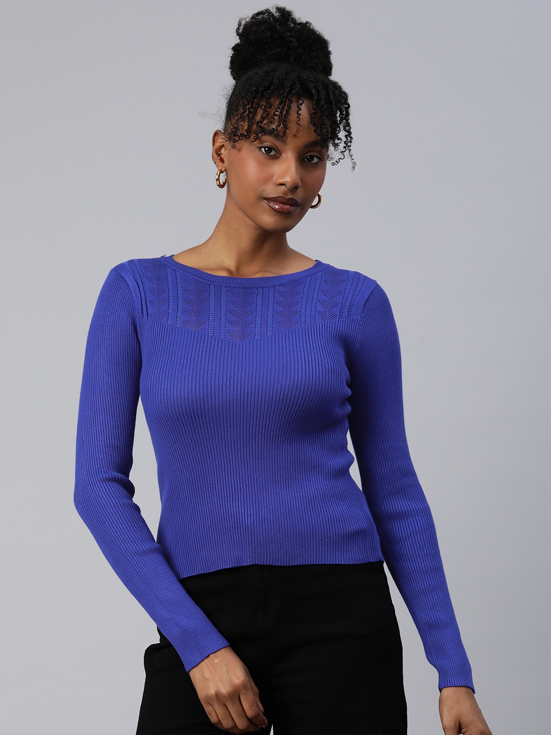 

London Rag Geometric Self Design Boat Neck Pullover, Blue
