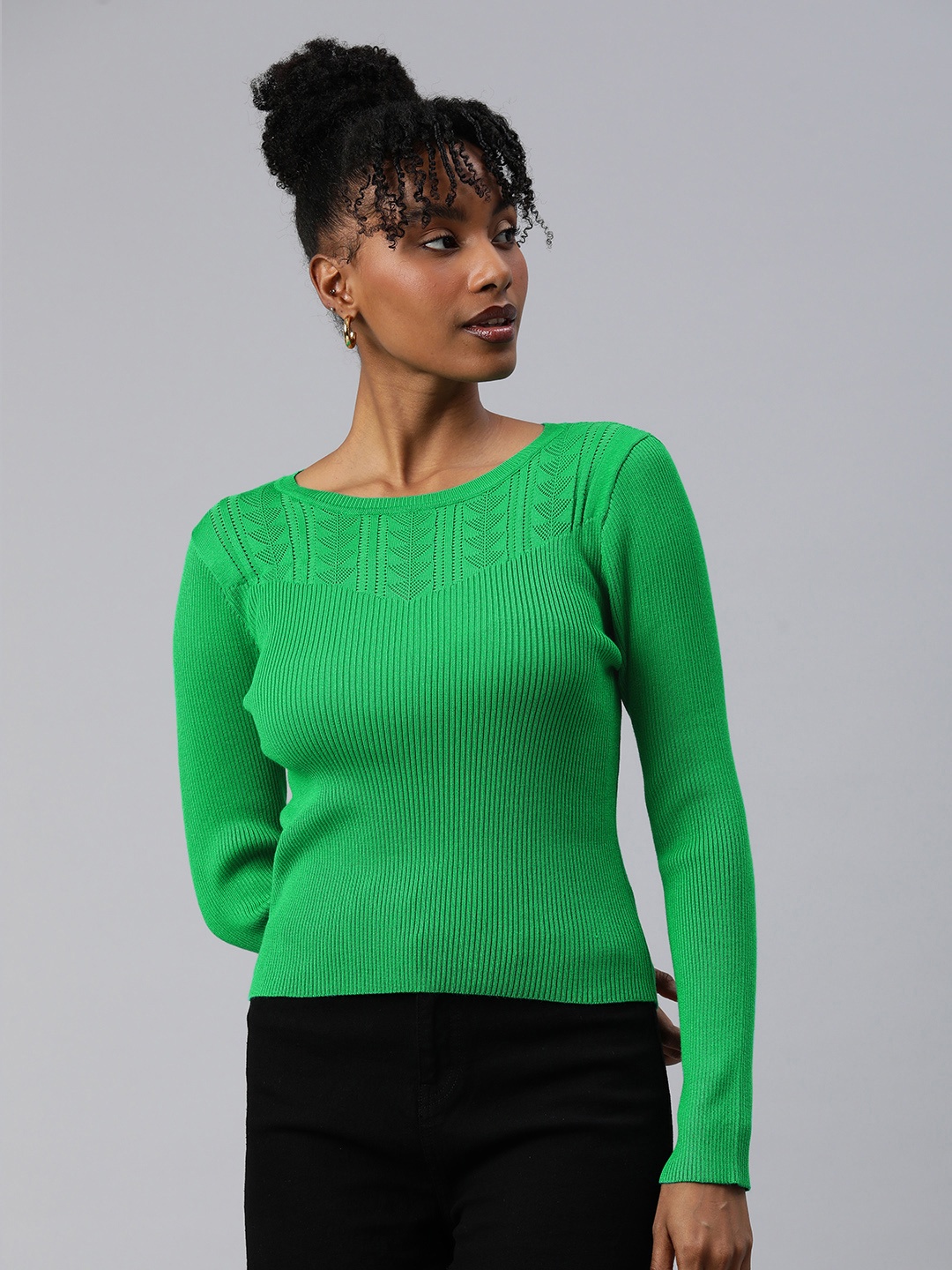 

London Rag Geometric Self Design Boat Neck Pullover, Green