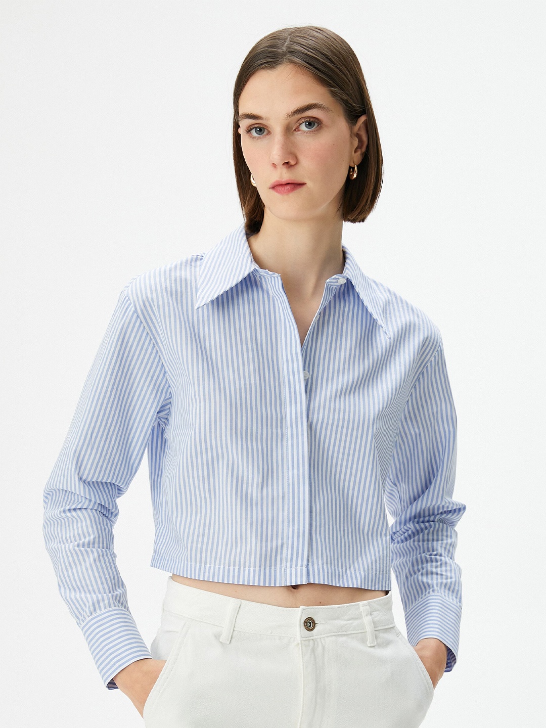 

Koton Vertical Striped Spread Collar Long Sleeves Cotton Crop Casual Shirt, Blue