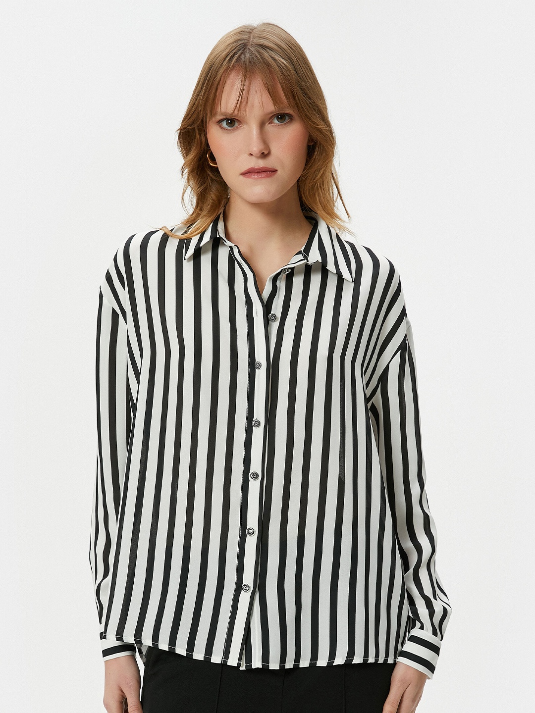 

Koton Spread Collar Regular Fit Opaque Striped Casual Shirt, Black