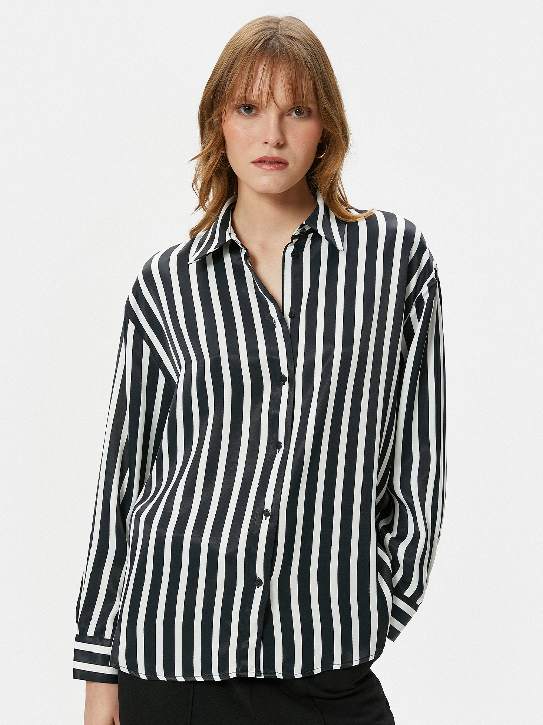 

Koton Mandarin Collar Vertical Stripes Opaque Striped Casual Shirt, Black