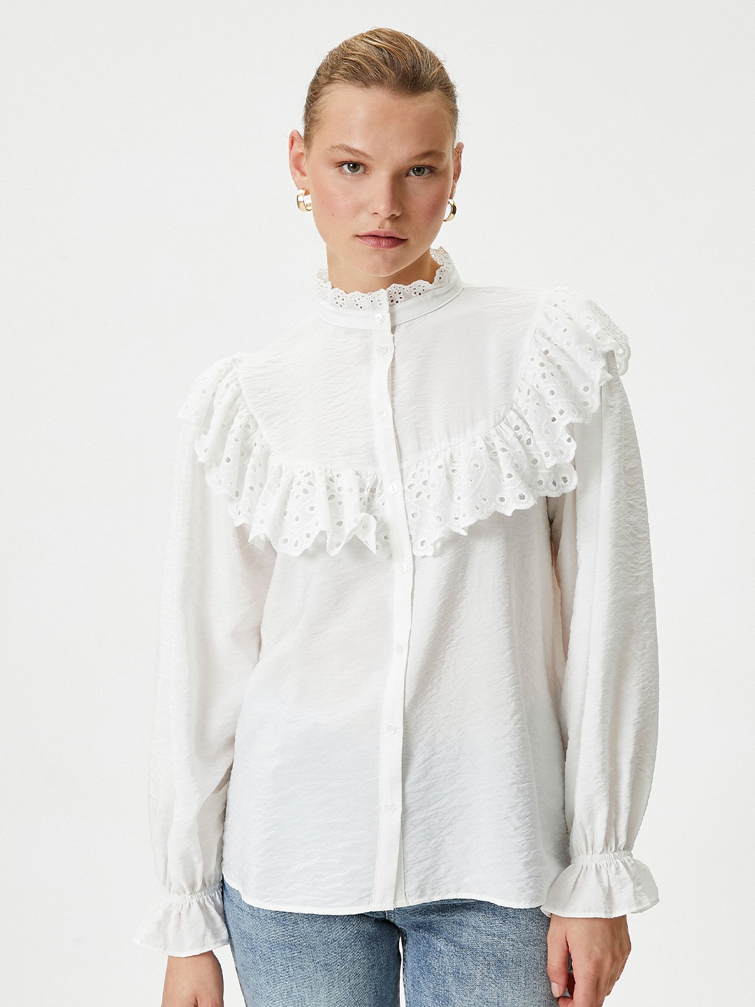 

Koton Mandarin Collar Ruffled Shirt Style Top, White