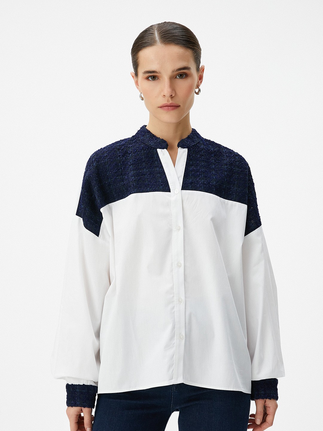

Koton Mandarin Collar Self Design Casual Pure Cotton Shirt, White