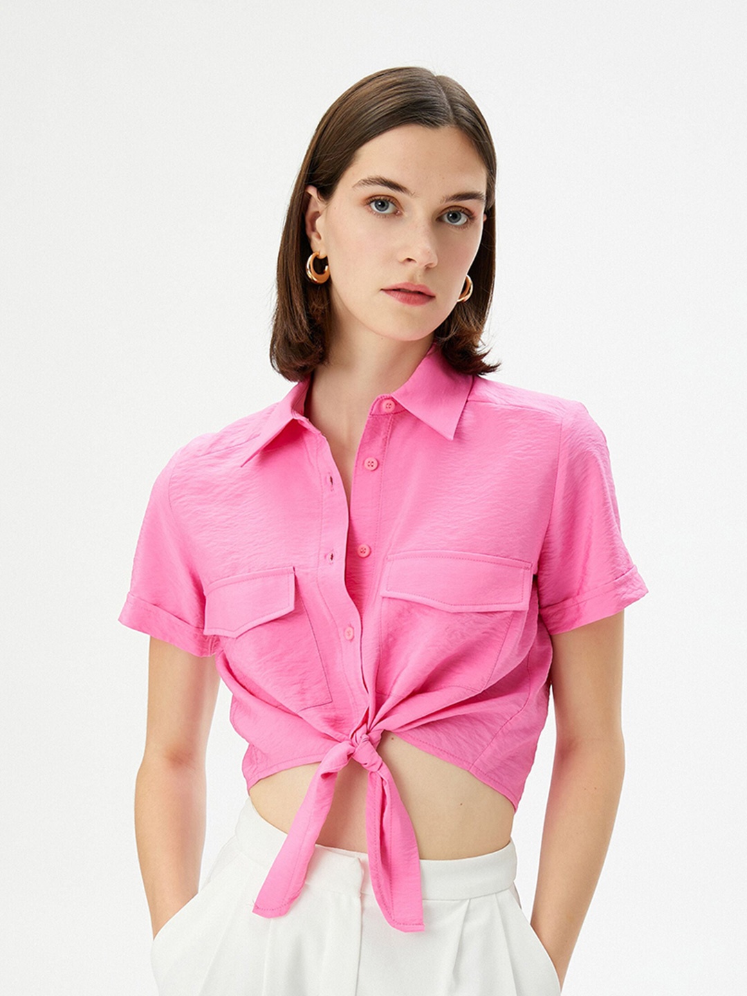 

Koton Spread Collar Pocket Regular Fit Crop Casual Shirt, Pink