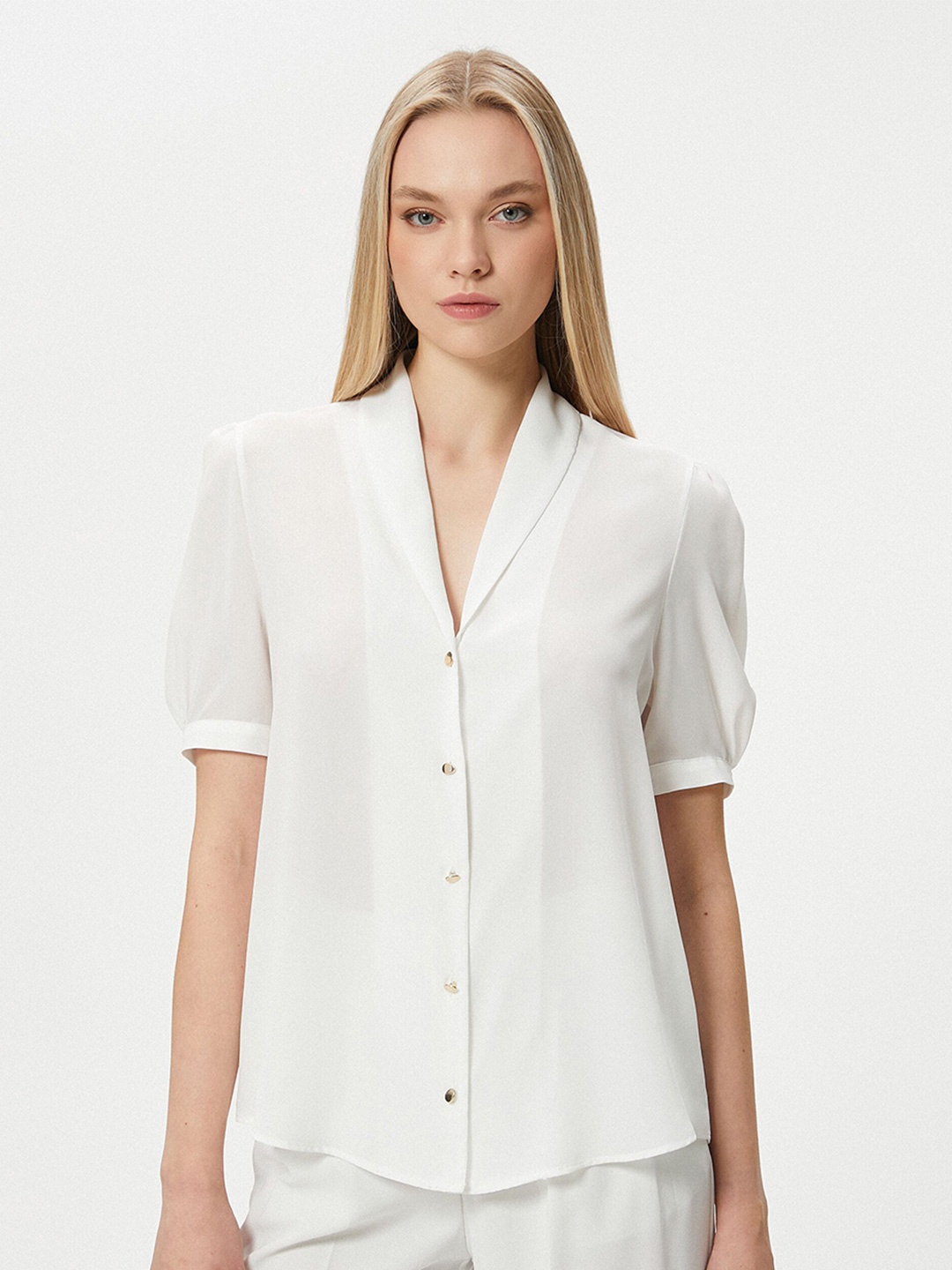 

Koton Collarless Puff Sleeves Casual Shirt, White