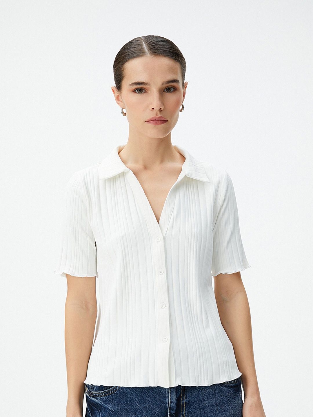 

Koton Spread Collar Textured Casual Knitted Shirt, White
