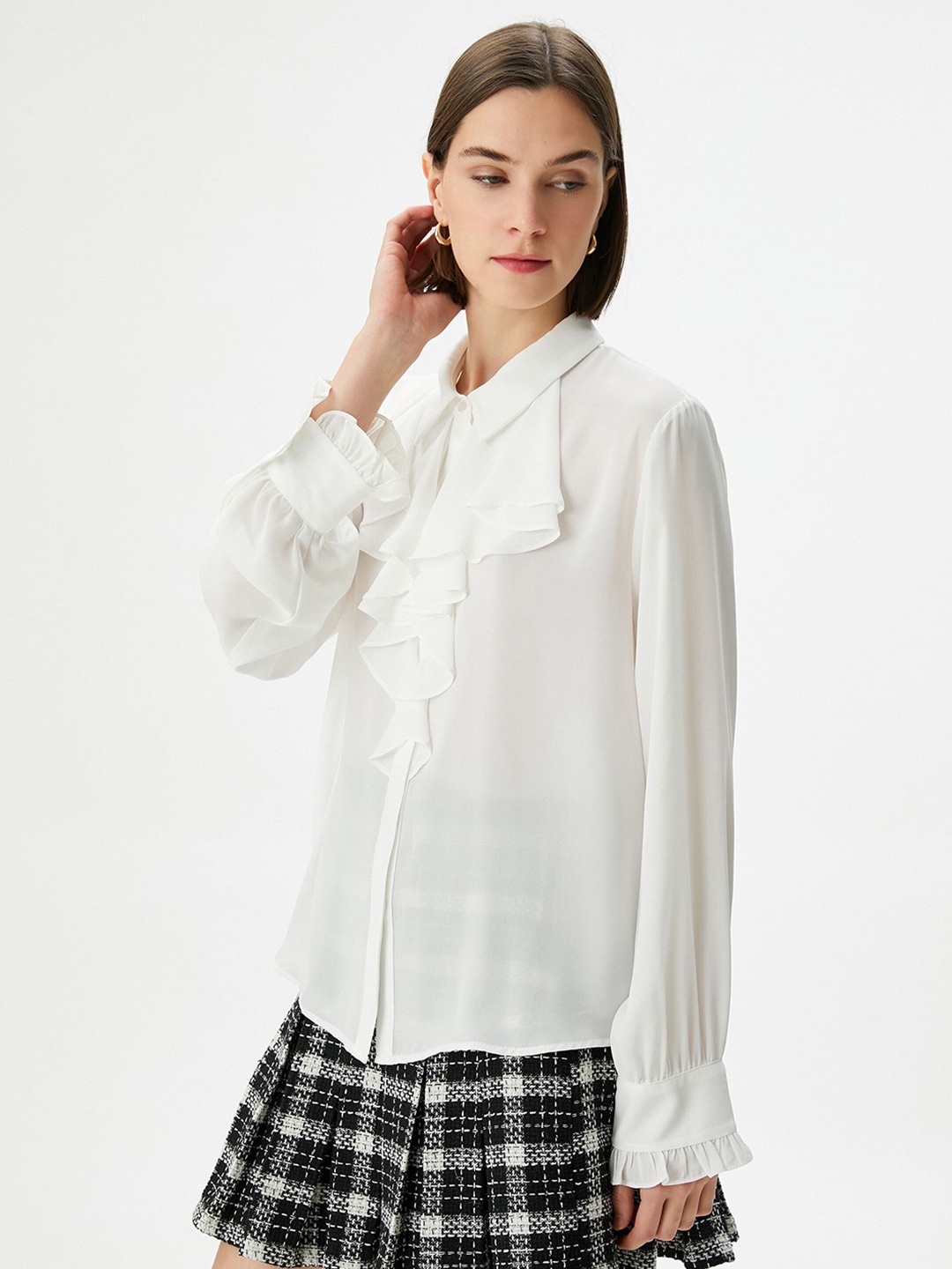 

Koton Spread Collar Ruffles Casual Shirt, White