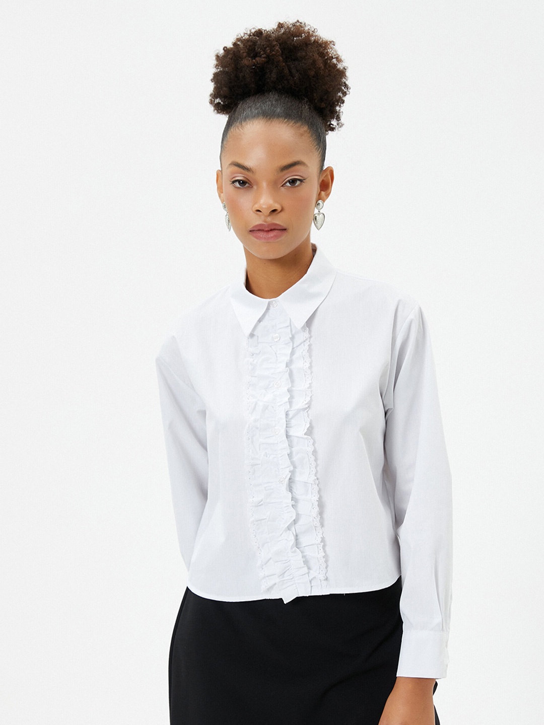 

Koton Spread Collar Ruffles Casual Pure Cotton Shirt, White