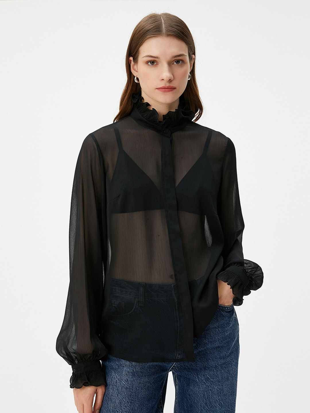 

Koton Mandarin Collar Puff Sleeves Regular Fit Semi Sheer Casual Shirt, Black