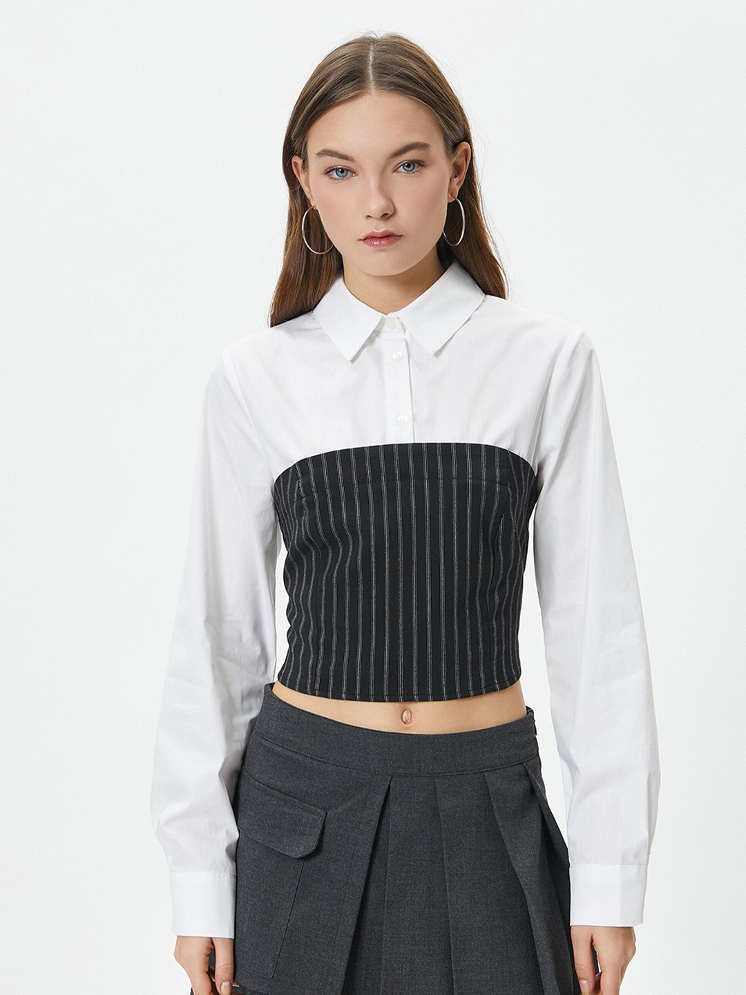 

Koton Striped Shirt Collar Top, White