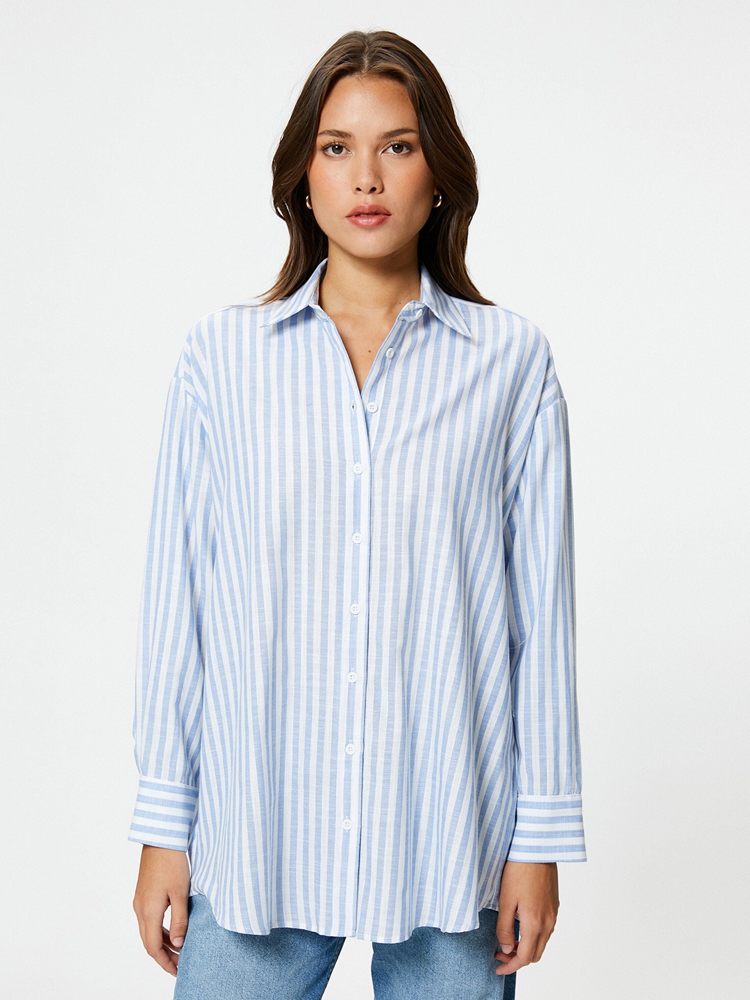 

Koton Vertical Stripes Spread Collar Long Sleeves Cotton Casual Shirt, Blue