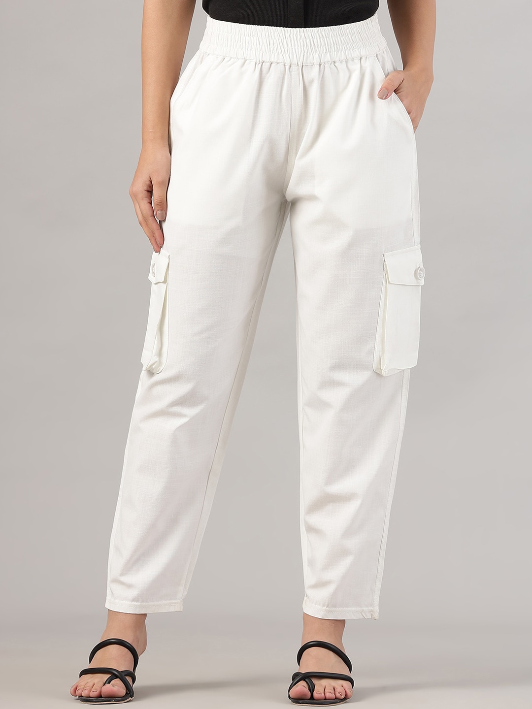 

FITHUB Women Straight Fit High-Rise Cotton Cargo Trouser, White