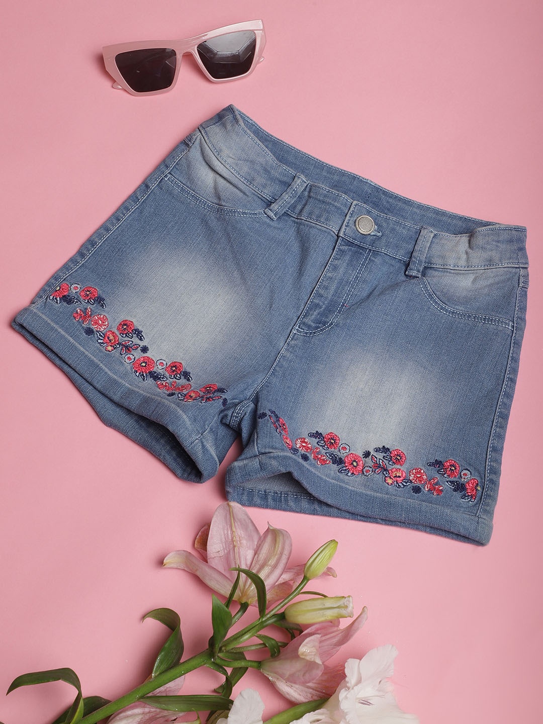 

NEUDIS Girls Embroidered Mid Rise Denim Shorts, Blue