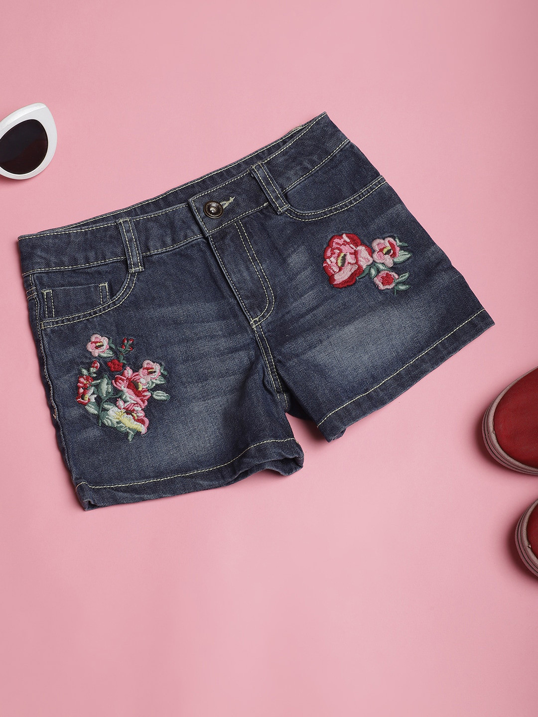 

NEUDIS Girls Floral Embroidered Mid Rise Denim Shorts, Blue