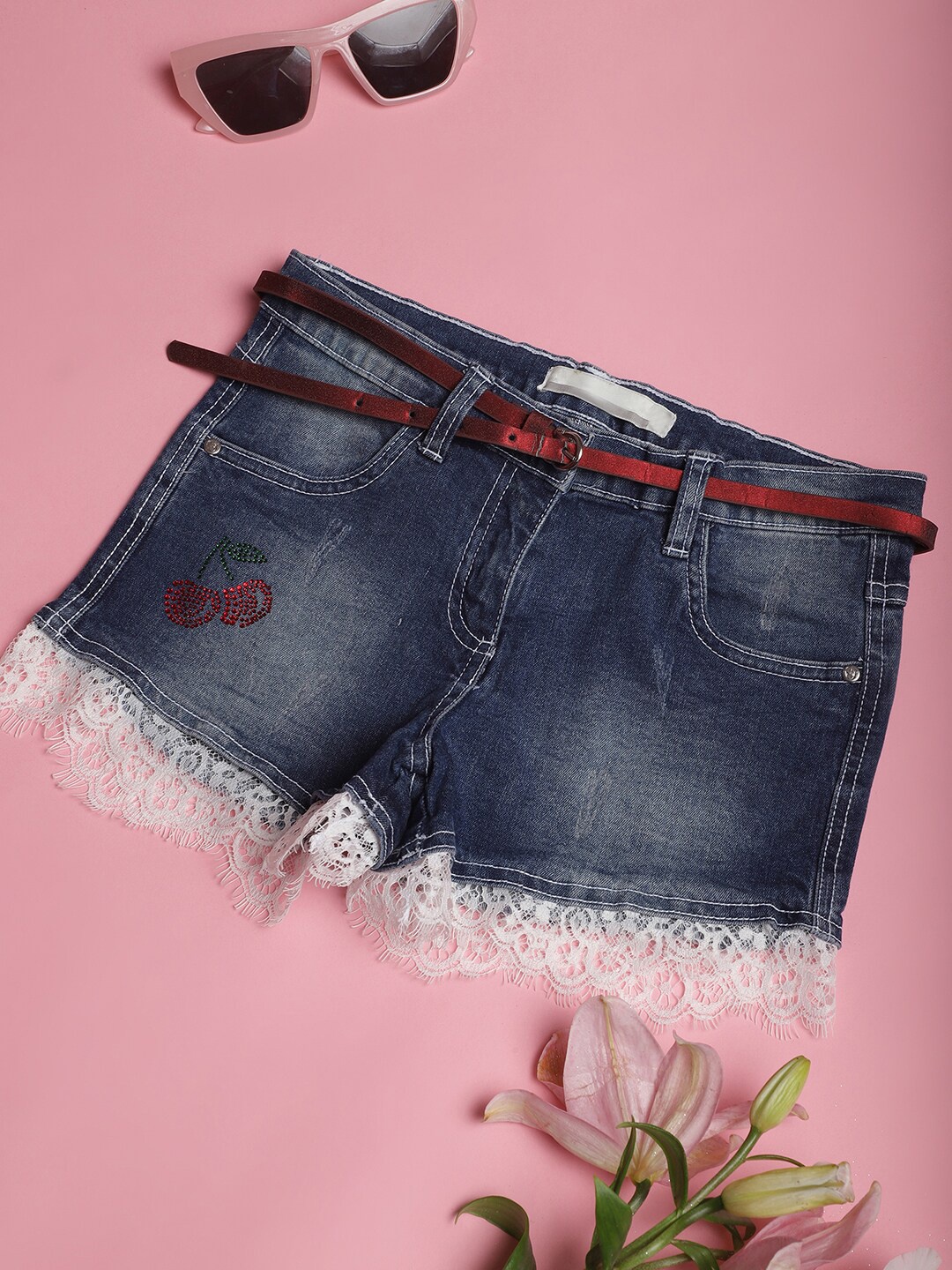 

NEUDIS Girls Washed Mid Rise Denim Shorts, Blue