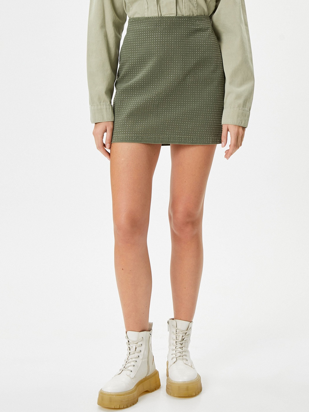 

Koton Embellished Pure Cotton Mini Skirts, Green