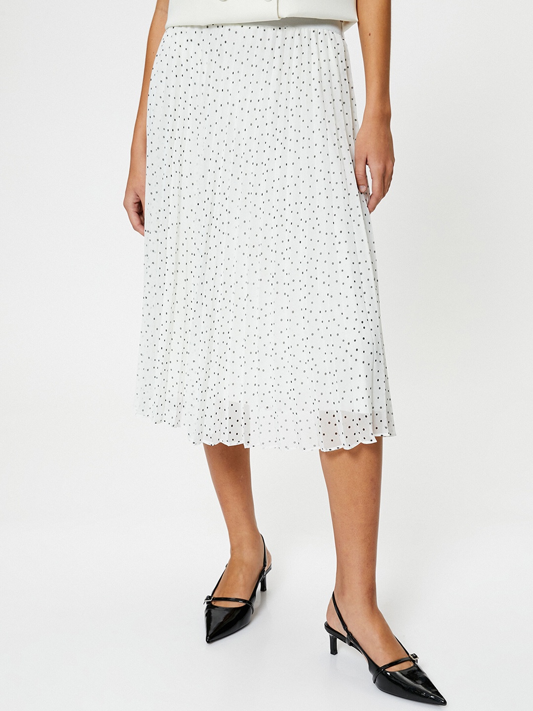 

Koton Polka Dots Printed Pleated Midi Flared Skirt, White