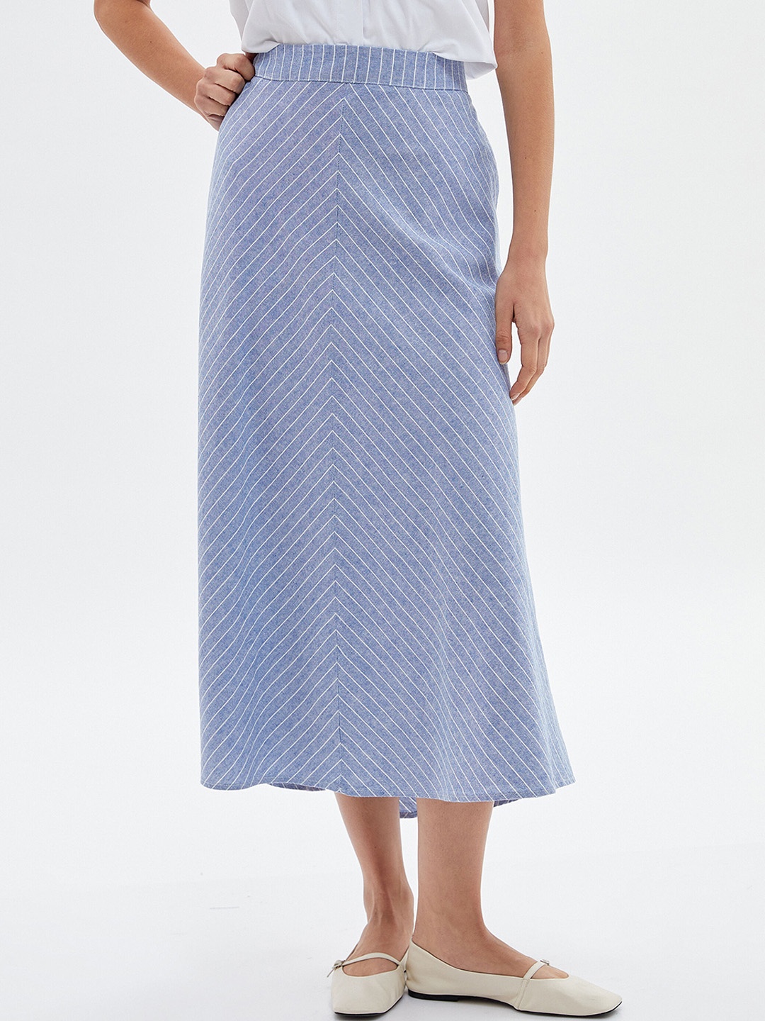 

Koton Striped Flared A-Line Midi Skirt, Blue