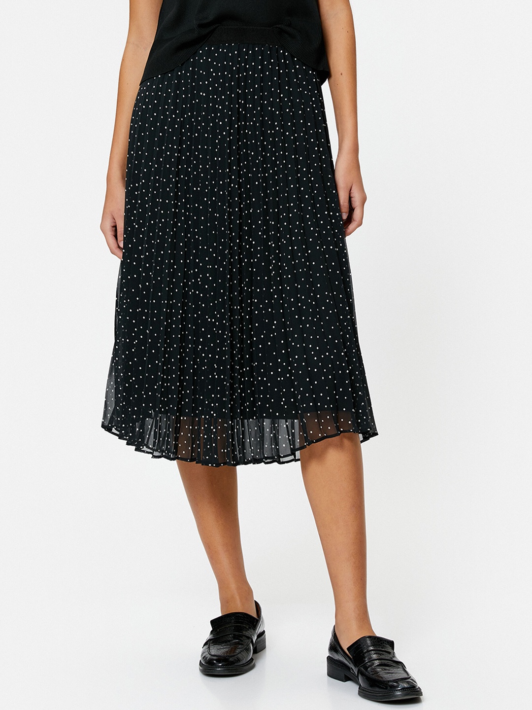 

Koton Polka Dots Printed Pleated Midi Flared Skirt, Black