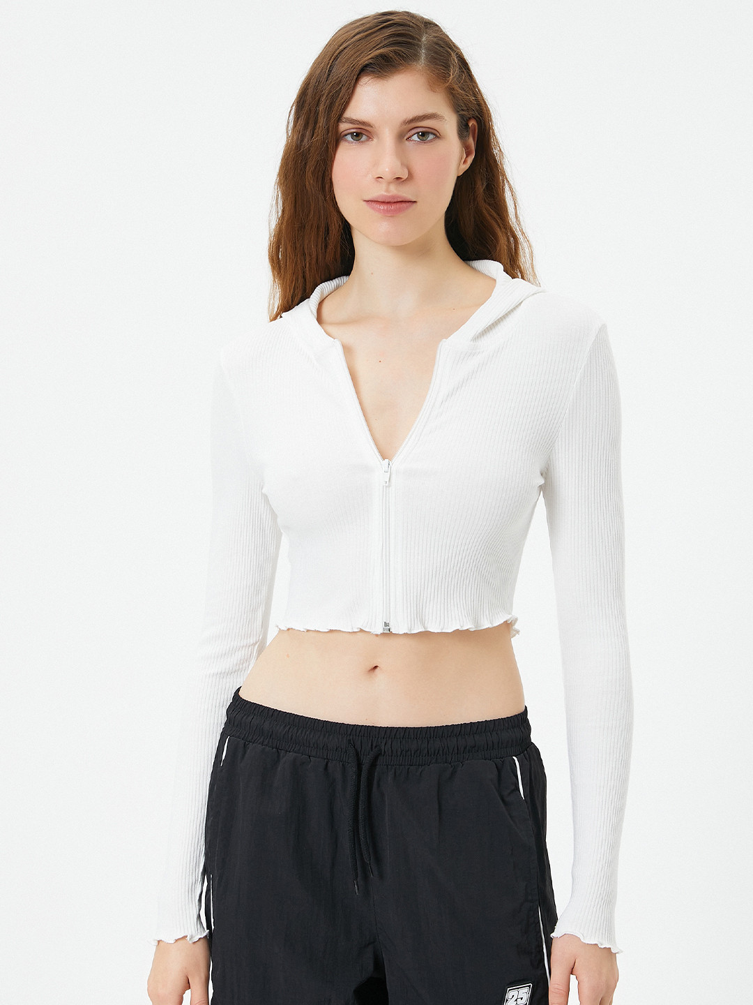 

Koton Hooded Crop Front-Open Sweaters, Beige