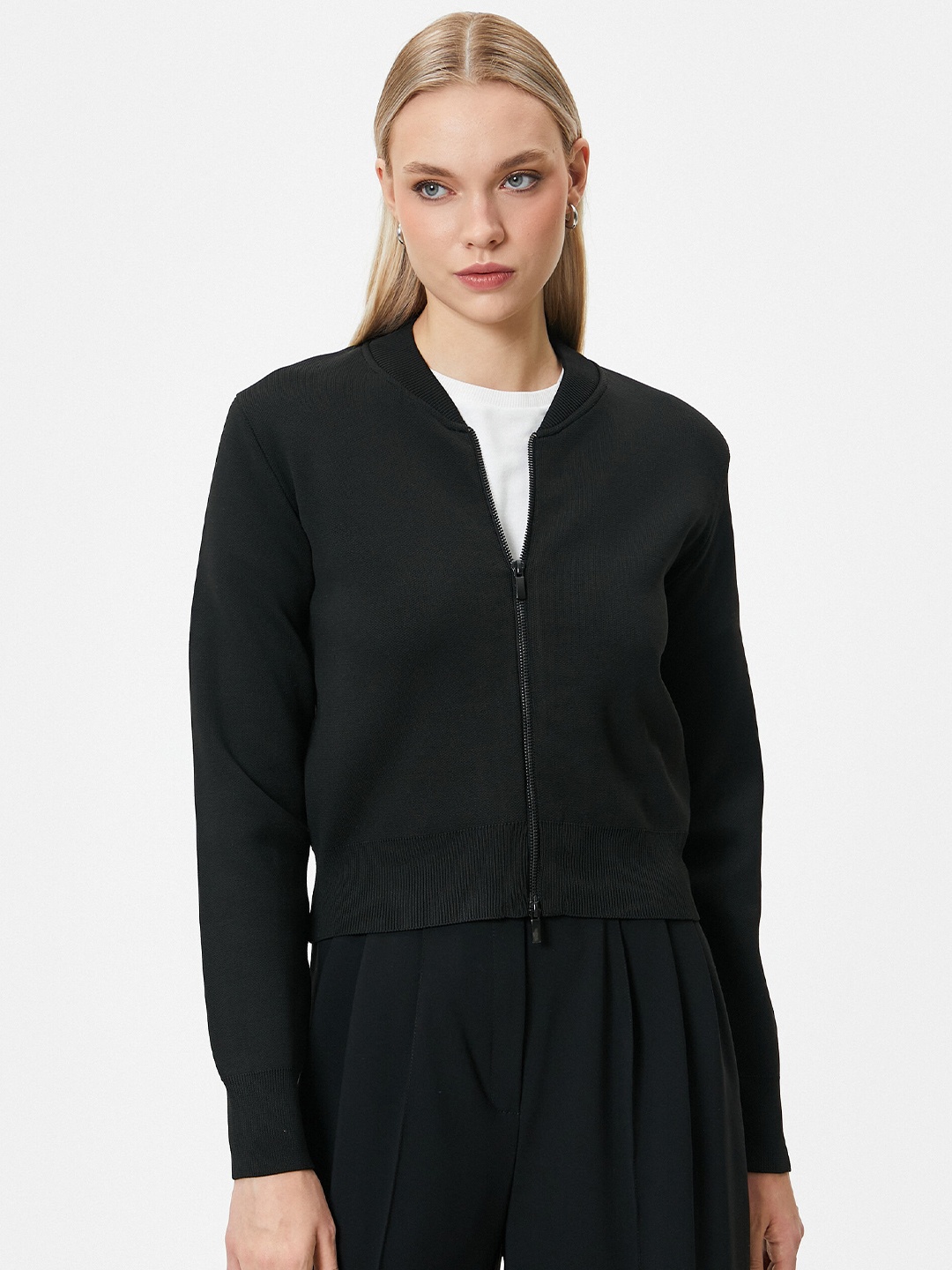 

Koton Front-Open Knitted Ribbed Sweater, Black