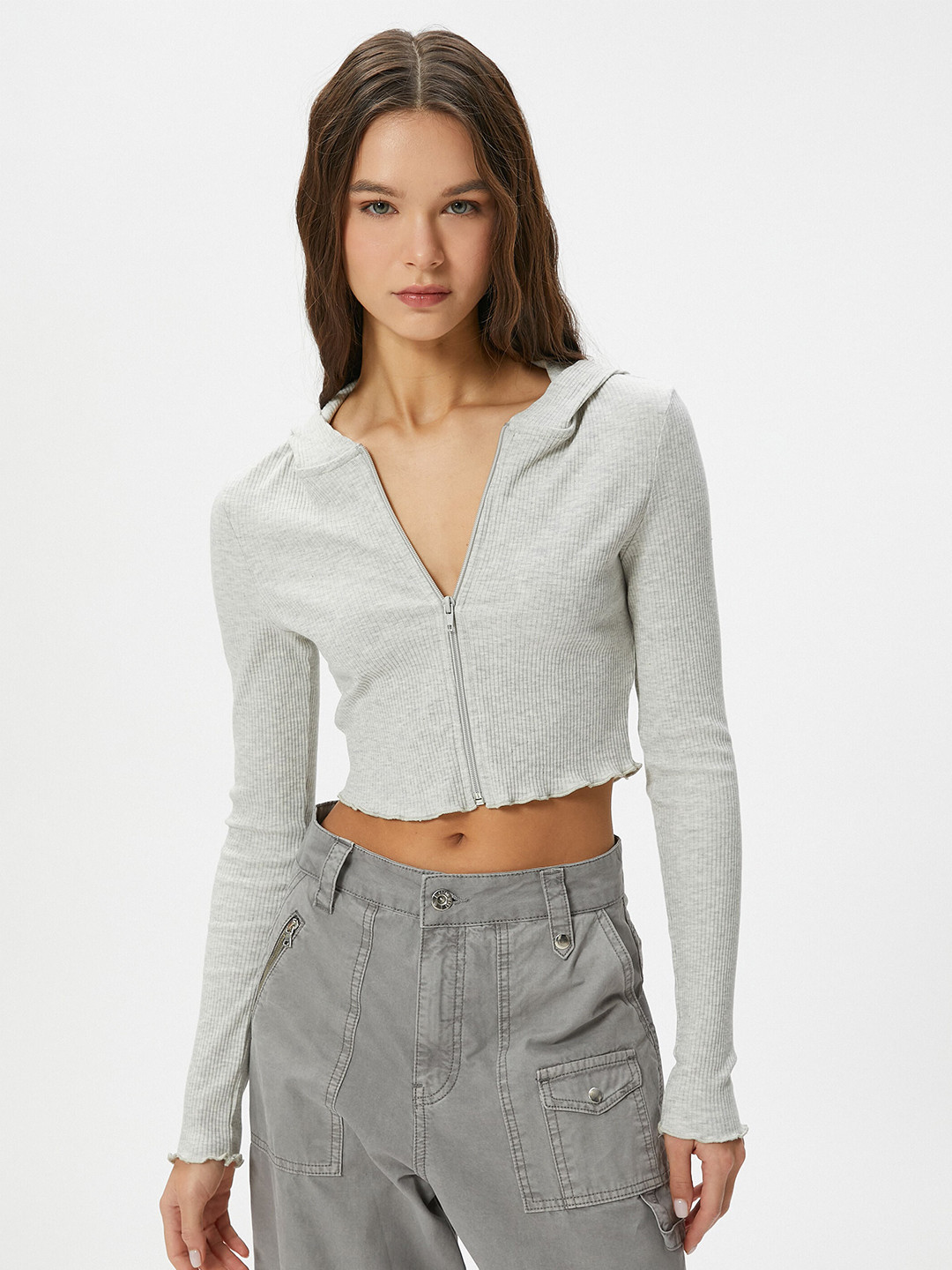 

Koton Hooded Crop Front-Open Sweaters, Grey