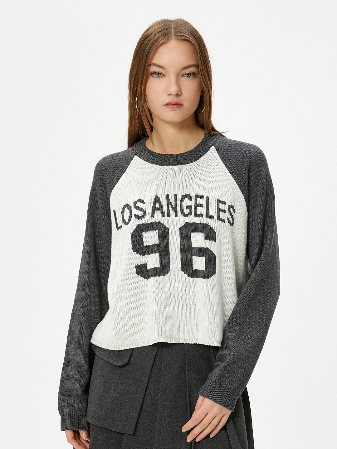 Koton Typography Printed Round Neck Long Sleeves Pullover Sweater, White