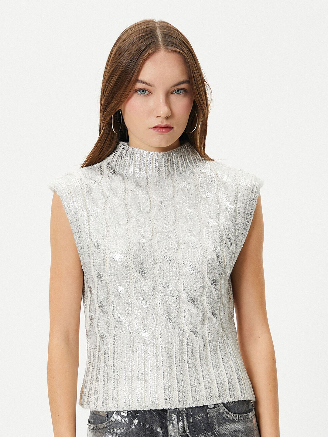 

Koton Cable Knit Mock Collar Sleeveless Pullover Sweater, Beige