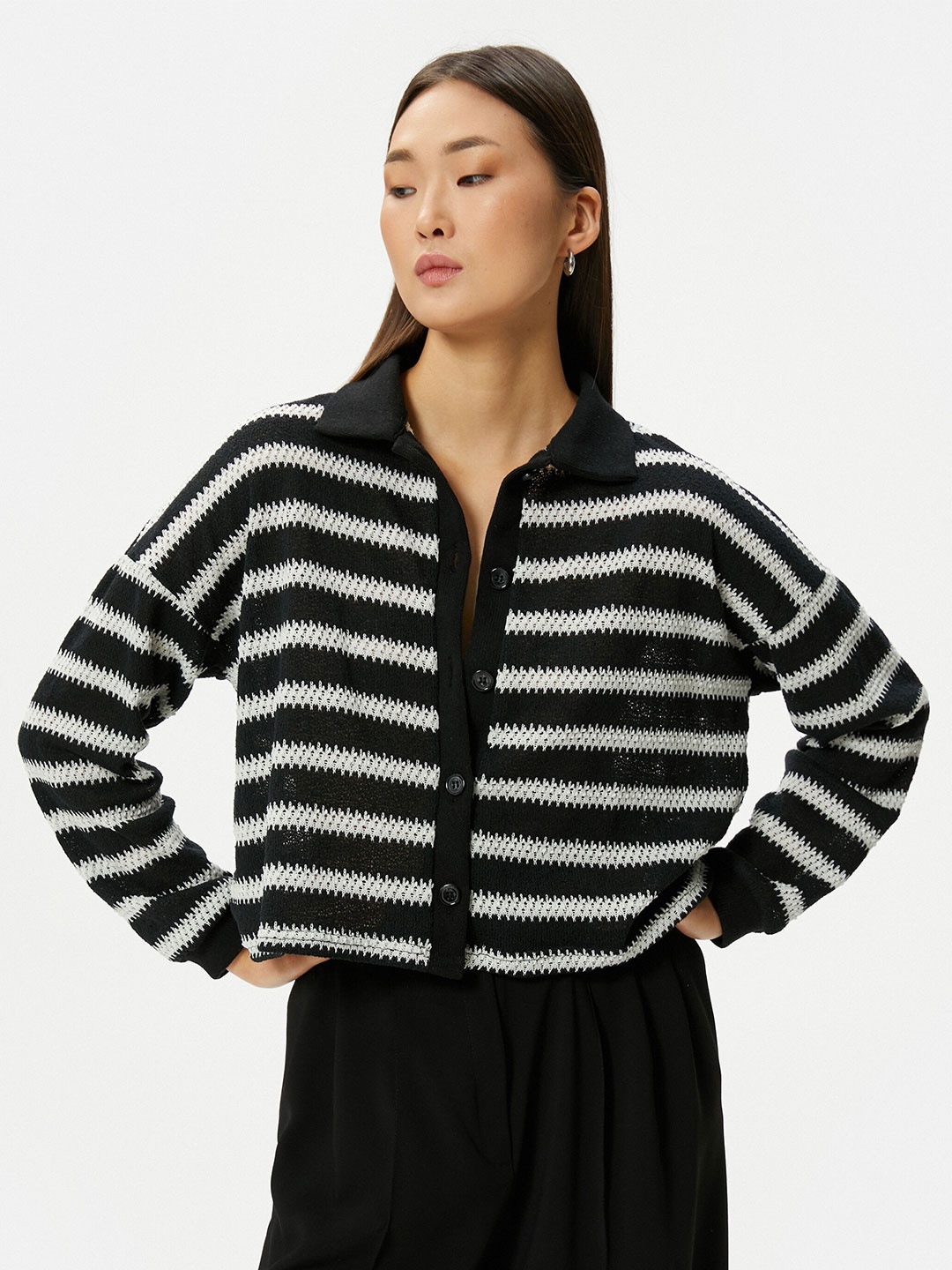 

Koton Striped Shirt Collar Long Sleeves Cardigan Sweater, Black